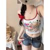 Camisola Graffiti Divertida de Chica Sexy para Mujer Verano 2025 Nueva Moda Ajustada Versátil Top Básico con Almohadillas en el Busto