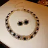 Conjunto de Brincos Quadrados Geométricos e Colar Estilo Europeu e Americano com Strass Coloridos, Corrente de Clavícula Fashion, Joias de Luxo Leve de Alta Qualidade