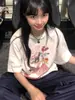 Camiseta Simples de Estilo Coreano de Alta Qualidade Solta Estampada de Manga Curta Estilo Preguiçoso Feminina 2024 Verão Novo Top de Meia Manga