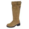 Botas Femininas de Cano Alto 2026 Chegada Nova de Outono Versátil Salto Grosso Bico Redondo Emagrecedor Cano Alto Botas de Equitação Botas Amassadas Empilhadas