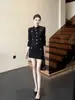 Departamento Día de Primavera: Elegante y lujoso traje de punto negro de dos piezas ajustado estilo francés para jóvenes ricas