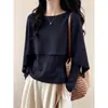 Suéter de punto tipo capa chal marrón para mujer, nuevo estilo de principios de otoño, talla grande, ligeramente holgado, top de imitación de dos piezas