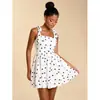 Moda Europeia Amazon Elegante Fashionável Estampada Renda Amarração Cintura Ajustada Saia Verão Novo Decote Quadrado Sem Mangas Vestido