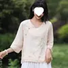 Elegante y estiloso top único de algodón y lino estilo chino para mujer, fino atuendo de té Zen de verano, camisa de botones bordada vintage, moderno