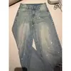 Jeans estiloso azul claro, brilhante, adornado com strass, de perna larga para mulheres, uma calça da moda, novo estilo americano, cintura alta, solta, perna reta