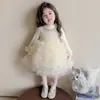 Vestido de Menina Vestido de Princesa 2025 Novo Primavera e Outono Estiloso Vestido de Tule Fofo com Lantejoulas e Pérolas para Festa Infantil