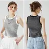 Nova Camisola de Algodão com Bojos, Alças Largas, Regata Listrada, Top na Altura da Cintura, Sutiã Integrado Feminino Lingerie Branca