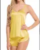 Traje de pijama sexy de satén para mujer de comercio exterior europeo y americano, camisola de encaje con cuello en V, sin mangas, shorts, ropa de casa para mujer