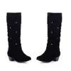 Botas de gamuza para mujer para otoño e invierno con pliegues y pedrería, botas de tacón grueso medio hasta la pantorrilla, venta al por mayor para plataformas independientes de comercio exterior, botas de talla grande