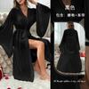 Bata Larga de Malla Estilo Europeo y Americano con Abertura, Atada, Mangas Amplias, Blanco y Negro, Privacidad en Casa, Ropa de Casa Sexy 816