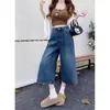 Calça jeans cropped reta americana retrô com lavagem desgastada para mulheres, moda verão, corte solto, plus size, perna larga, jeans comprimento 8/10