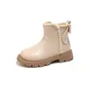 Botas de Moda de Cuero para Niñas 2026 Otoño Nuevo Estilo Botines Cortos de Caña Baja para Niñas Moda Lazo Botas Martin Cálidas con Felpa