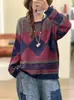 Suéter Pulôver Jacquard Vintage Gola Redonda Novo Cruzado Outono/Inverno 2026, Suéter de Tricô Grosso Solto de Manga Longa para Mulheres