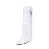 34-45 Botas de Couro Femininas de Cano Alto Outono-Inverno, Bico Fino, Salto Alto, Tamanho Grande, Zíper Lateral, Botas Martin de Cor Sólida para Mulheres