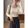 Top de manga larga con cuello en U para mujer, temporada otoño e invierno 2026, ajustado y adelgazante, acanalado, color amarillo mostaza, top interior para mujer