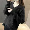 Tejido de Punto Cuello en V Ropa Interior de Punto para Mujer Otoño e Invierno 2025 Nuevo Estilo Coreano Holgado Estilo Perezoso Raya de Canalé Suéter de Punto de Manga Larga