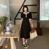 Vestido Estilo Salado Alto de Manga Corta en Forma de A para Mujer Verano Nuevo Reductor de Cintura Manga Abullonada Cuello POLO Falda Larga