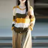 Chaqueta de punto fino de manga larga a rayas, nuevo cárdigan de punto para mujer otoño-invierno 2026 lana cuello redondo colorblock