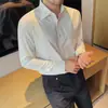 Camisa masculina de verão em fibra de bambu anti-rugas sem ferro, gola one-line, botões ocultos, manga longa, fina, para trabalho e dia a dia