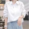 Camisa com Recortes, Blusa Branca Elegante para Mulheres, Moda Coreana Primavera e Outono 2026 Renda Leve Luxo Casual Manga Longa Top para Mulheres