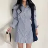 Chique Coreano Novo Elegante Simples Gola Listrada Vestido Camisa Feminino Comprimento Médio Cadarço Vestido