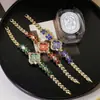 Pulsera de Trébol de Cuatro Hojas de Moda con Reloj de Cuarzo para Mujer con Piedras Preciosas de Colores y Diamantes Completos, Reloj de Transmisión en Vivo Más Vendido