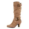 Botas Altas de Ante con Hebilla de Cuero Cruzada Nuevas Botas de Montar de Comercio Exterior Botas de Tacón Medio Tallas Grandes 40-43 Botas