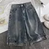 Shorts de mezclilla invertidos estilo retro americano para mujer, verano, corte holgado, cintura alta adelgazante, pantalones rectos de pierna ancha sueltos de seis puntos