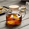 Tetera de Flor con Tapa de Madera Material de Vidrio de Borosilicato Alto Tetera de Agua Fría Resistente al Calor Transparente para el Hogar Olla para las Cuatro Estaciones Té de Frutas Cold Brew