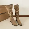 Botas Retro Apiladas con Pliegues para Mujer, Nuevo Estilo Otoño 2026, Tacón Grueso, Elegantes Botas Altas de Caña Larga, Botas de Jinete Versátiles para Mujeres Pequeñas