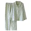 Pijama de Algodón 100% Puro Teñido en Hilo para Mujer, Temporada de Primavera y Otoño, Cuello Solapa, Manga Larga, Conjunto de Pantalón Largo, Corte Holgado, Ropa de Casa Tallas Grandes
