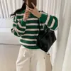 Suéter a rayas de bloques de color minimalista estilo japonés para mujer, otoño e invierno 2026, jersey casual Harajuku artístico, top de punto holgado