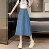 Saia Jeans Irregular para Mulheres Primavera e Verão Petite Abotoada Midi Saia Azul Claro Cintura Alta Drapeada A-Line Saia Guarda-Chuva