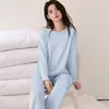 Pijama de algodón con tejido gofrado para mujer, de manga larga y pantalón largo, disponible en stock, nuevo estilo de otoño, también lo pueden usar los hombres como ropa de exterior, conjunto de ropa de estar para parejas