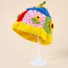 Gorro de pescador negro con flores de ganchillo de estilo coreano Mori, gorro de lana transpirable para otoño e invierno, tejido a mano, con colores contrastantes.