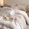 Brocado de Nube Francés Terciopelo de Leche Juego de Cuatro Piezas Ropa de Cama Estilo Princesa Funda Nórdica con Lazo Sábana Invierno Engrosado Franela