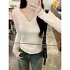 Camiseta blanca de manga larga para mujer, estilo coreano primavera y otoño, cuello en V, hombro normal, color liso, corte holgado, versátil, caída relajada, top de punto