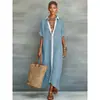 Vestido Longo Camisa Solto Color Block Moda Feminina Europeia e Americana 2026, Vestido Estiloso Casual Confortável Estilo Férias