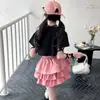 Conjunto de Dos Piezas para Niñas 2025 Dulce Traje con Lazo Camiseta Estampada de Manga Corta de Verano + Falda de Pastel