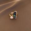 Anillo abierto con forma de mariposa y perla con circonita galvanizada en oro auténtico, elegante anillo para el dedo índice, pulsera ligera de lujo de alta calidad