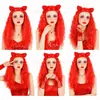 Peluca Cosplay de Rollo de Fideos Instantáneos Doble Moño Rojo, Peluca Afro Larga y Ondulada, Tocado para Disfraz de Fiesta de Halloween