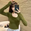 Top liso de manga larga ajustado con cuello en U para mujer, nuevo estilo coreano de otoño, camiseta elegante de cintura alta