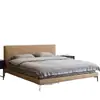 Cama tapizada minimalista de piso con cabecero de cuadrícula segmentada, patas bajas, tapicería elegante y pulcra para dormitorio principal, cama de madera maciza