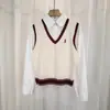 Nova Moda Outono e Inverno Estilo College Camisa Listrada de Manga Longa Top de Retalhos Falso Duas Peças Roupa Externa Feminina Tricô de Celebridade