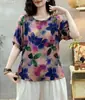 Playera Artística de Algodón y Lino para Mujer Top de Color Suelto Casual Retro para Viajar Verano Manga Corta Estampada a la Moda