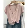 Camiseta Base de Lino y Algodón Rosa Girly con Escote en V y Copos de Nieve para Mujer, Nuevo Estilo Verano 2026, Camiseta Holgada de Manga Corta Estilo Perezoso