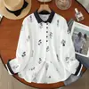 Camisa estampada de manga larga estilo bohemio para mujer con cuello de retazos de color contrastante, suave y amigable con la piel, transpirable, hecha de gasa de doble capa de algodón puro