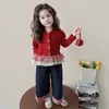 Nova Coleção de Outono para Bebês Meninas Conjunto Xadrez Patchwork Estilo Coreano Moda Top de Tricô e Calça Reta Conjunto de Duas Peças Tendência