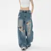 Jeans Rotos de Verano Nuevo Estilo Retro Americano para Mujer, Pantalones Rectos Anchos Finos Sueltos, Versión Lavada, Buen Ajuste