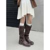 Botas de Cano Alto Plissadas com Pelo Grosso e Salto Grosso, Bico Redondo, Couro de Vaca Macio Gigante com Costura, Fivela de Cinto, Botas de Cavaleiro para Mulheres, Novidade Outono/Inverno 2025